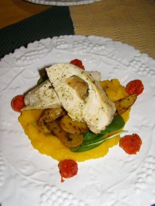 Caramelized onion stuffed chicken breast over squash puree,roasted fingerlings and spinach